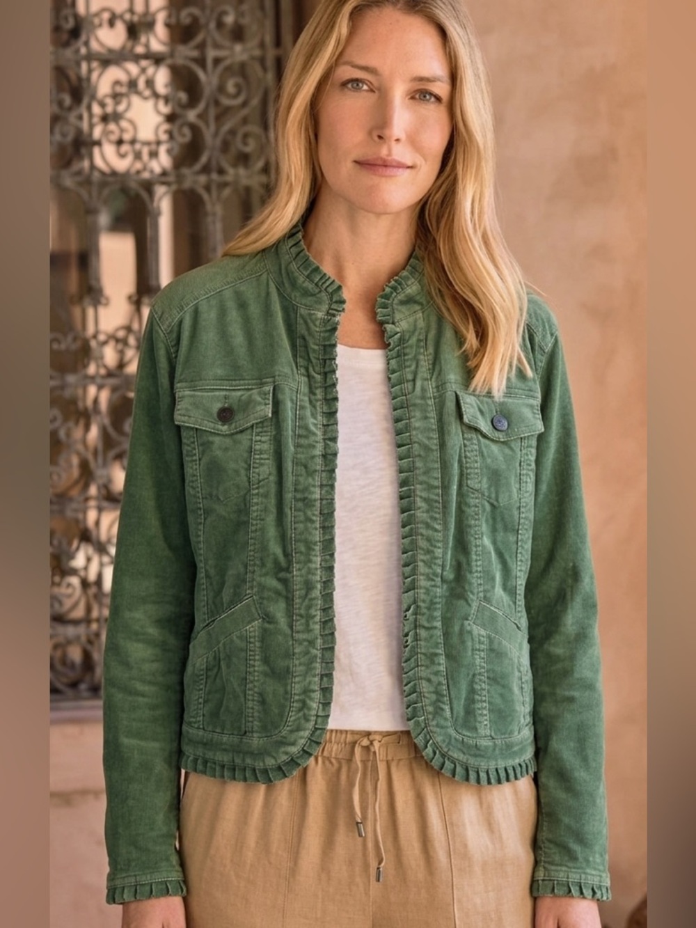 Chico's size 2 Large Green Ruffle-Trim corduroy velvet Jean Jacket